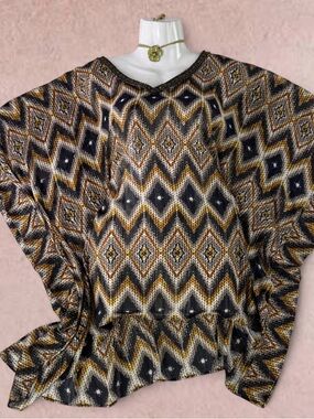 Aztec Chiffon Flutter Sleeve Blouse Top Y2k Boho Beaded Poncho Tunic OS Kaftan